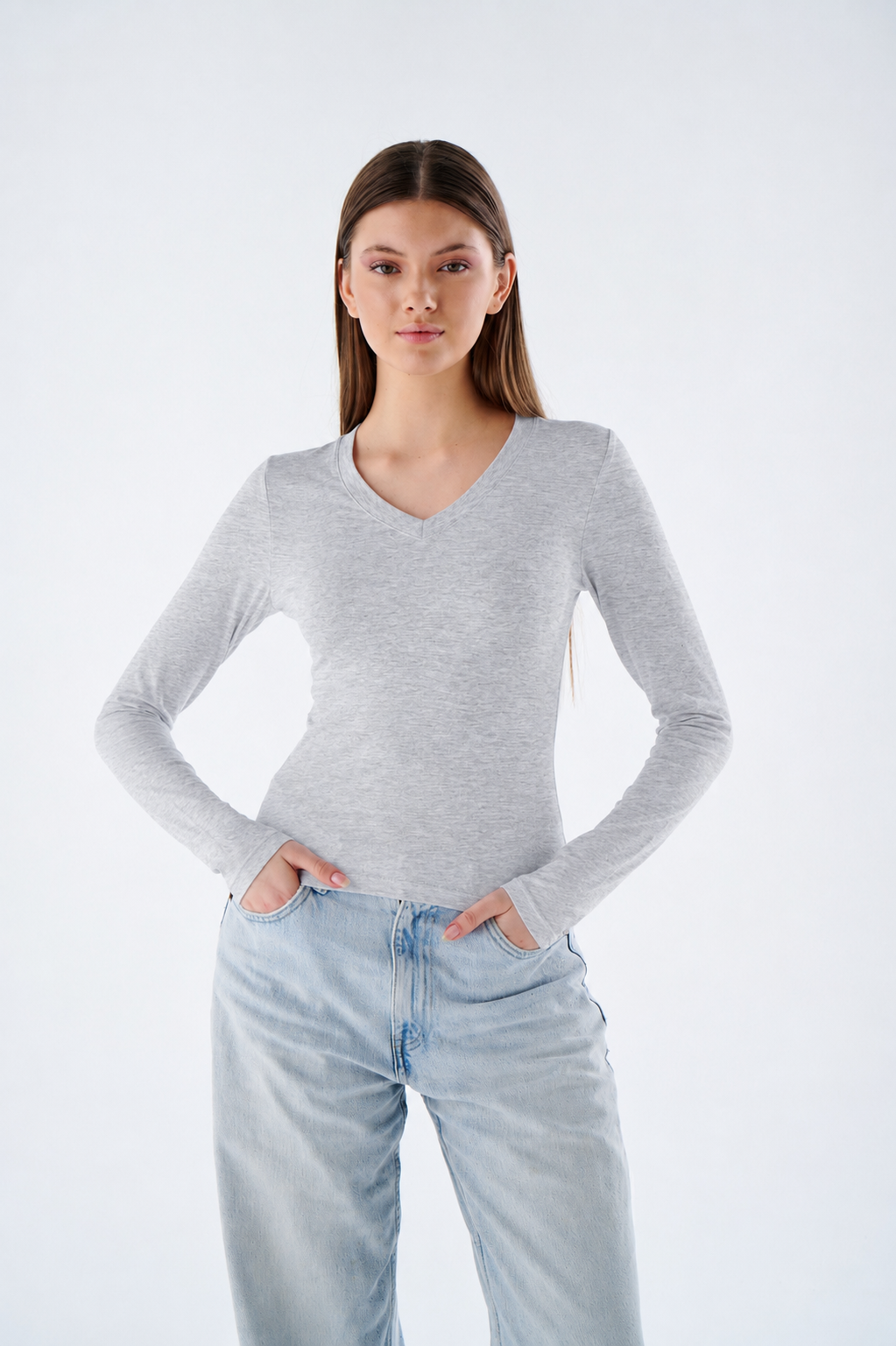 Damen Langarmshirt mit V-Ausschnitt
