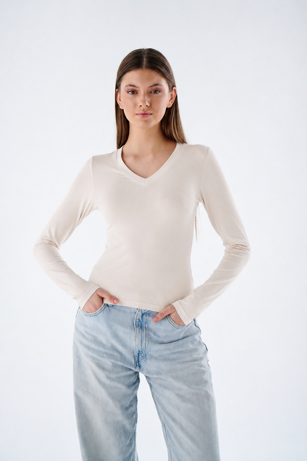 Damen Langarmshirt mit V-Ausschnitt