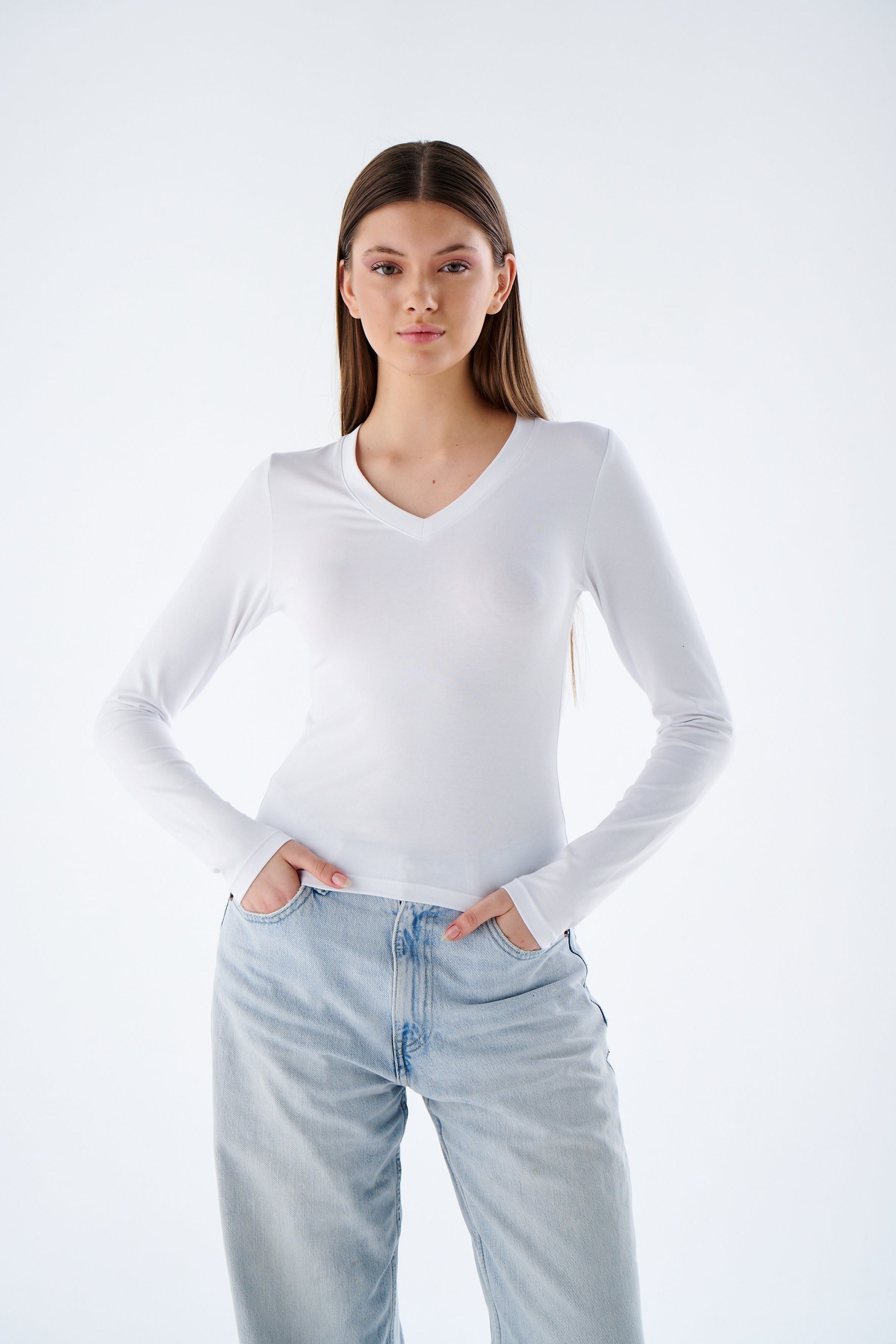 Damen Langarmshirt mit V-Ausschnitt