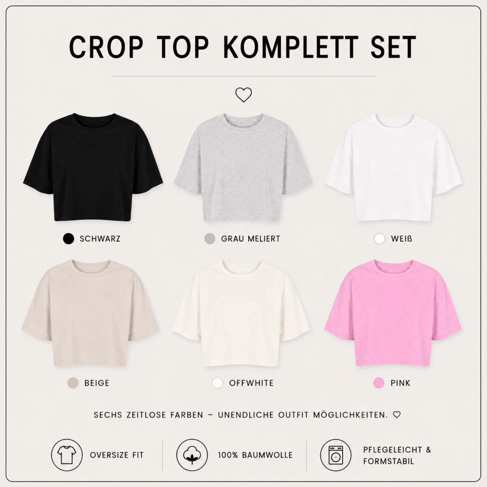 Damen Crop Top Set aus 100 % Baumwolle mit Rundhalsausschnitt
