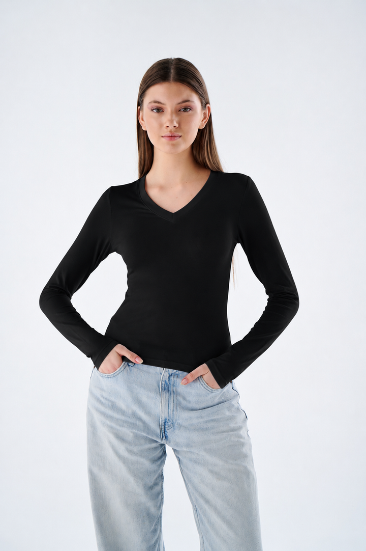 Damen Langarmshirt mit V-Ausschnitt