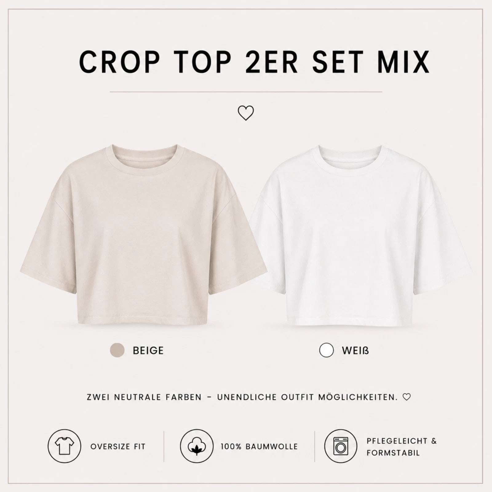 Damen Crop Top Set aus 100 % Baumwolle mit Rundhalsausschnitt