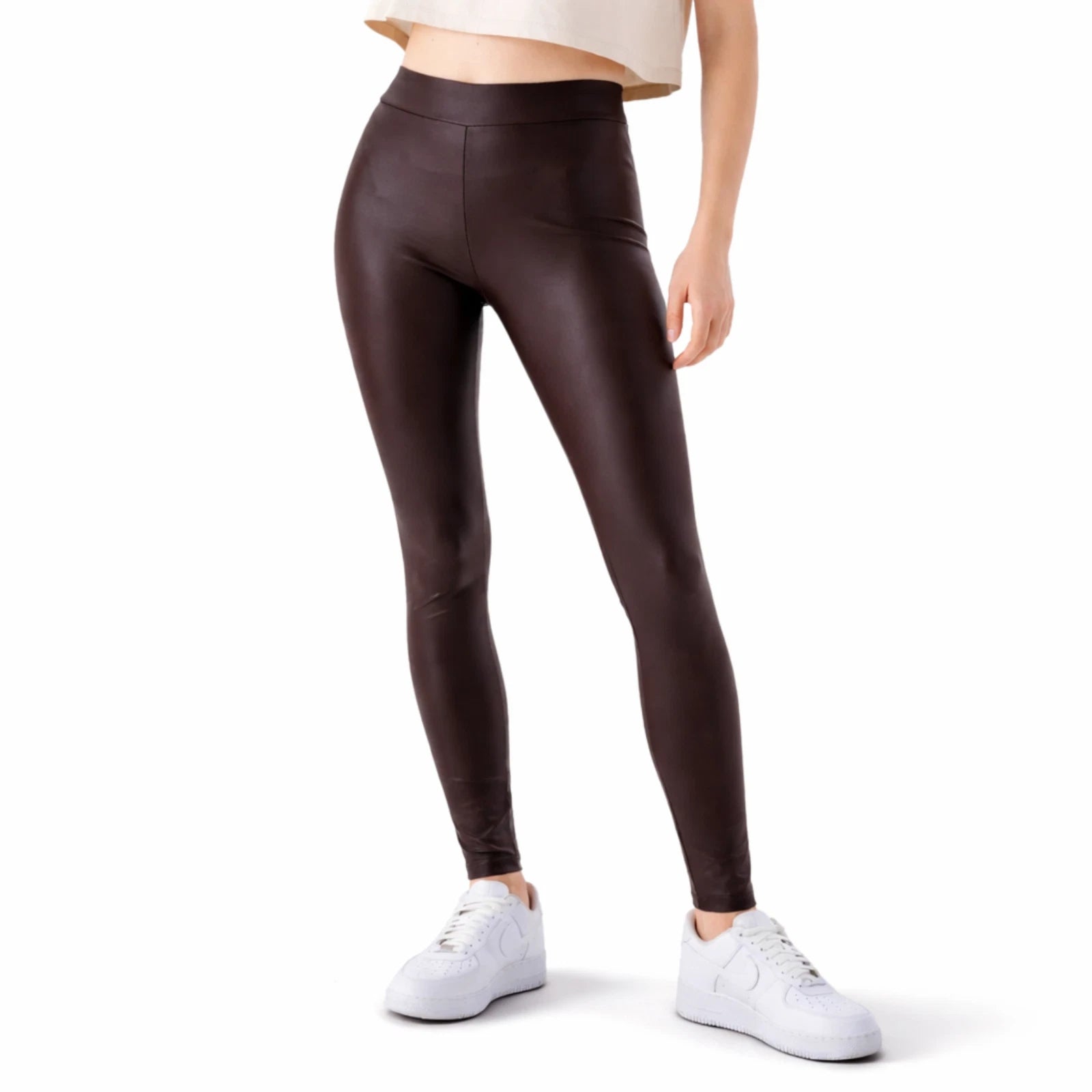 Damen High Waist Kunstleder Leggings im Lederlook