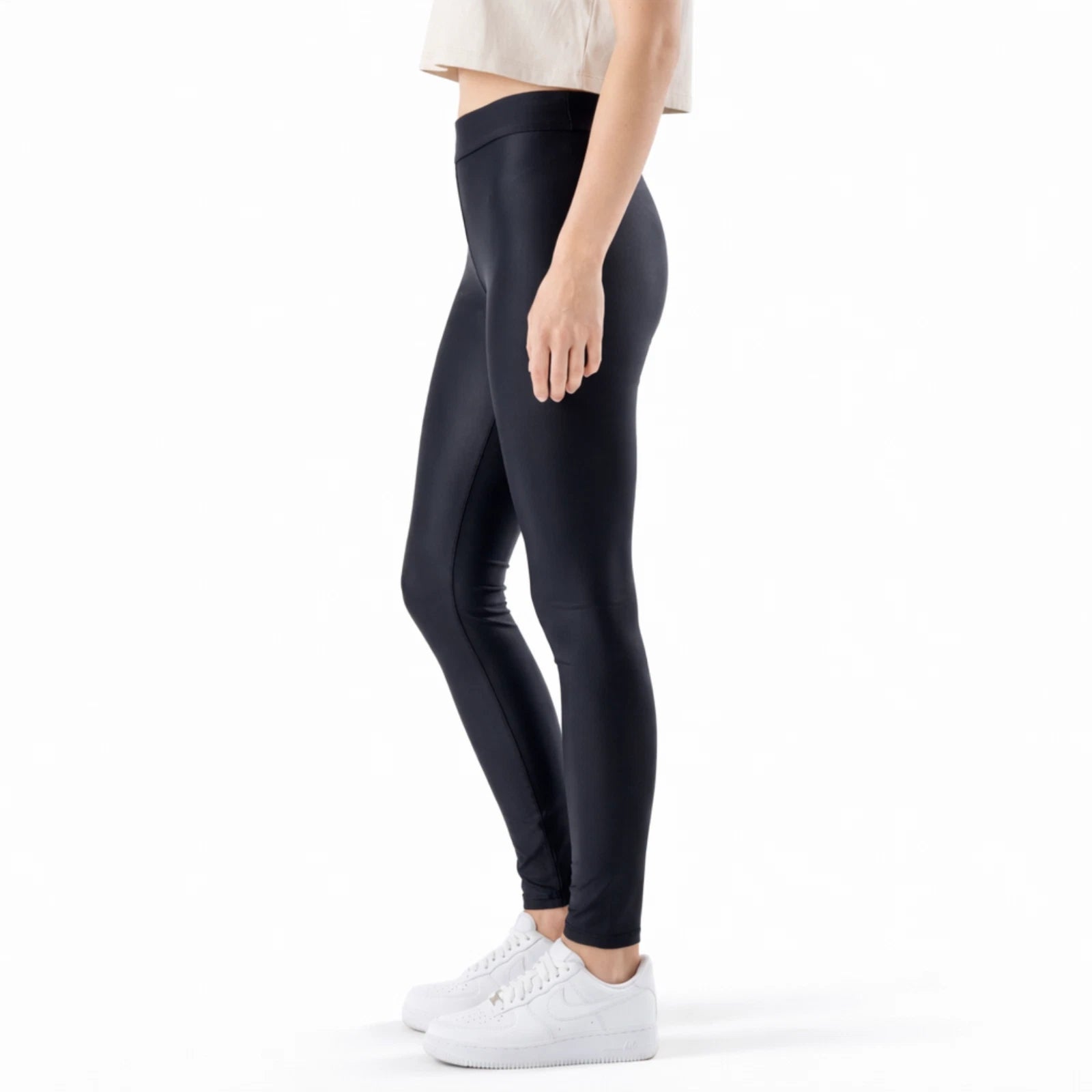 Damen High Waist Kunstleder Leggings im Lederlook